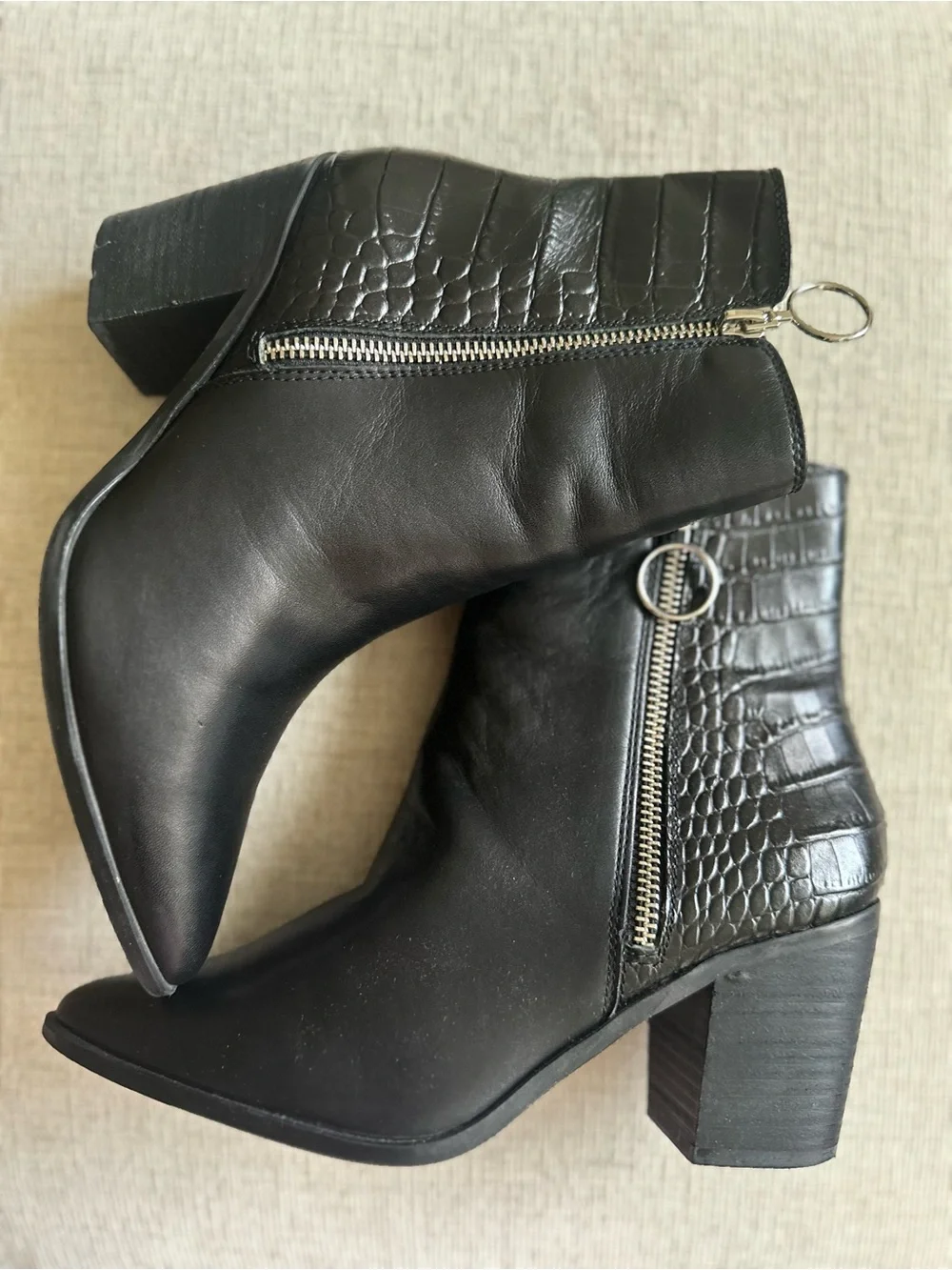 Aldo Leather Black Pointed Toe Ankle Boots with Croc-Embossed Heel